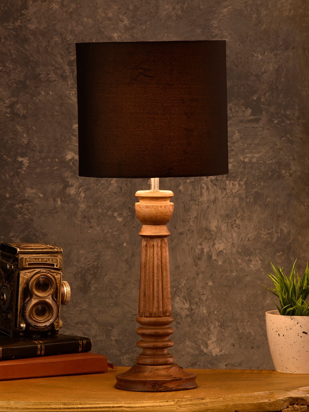 

green girgit Pillar Brown Lamp with Black Cotton Shade
