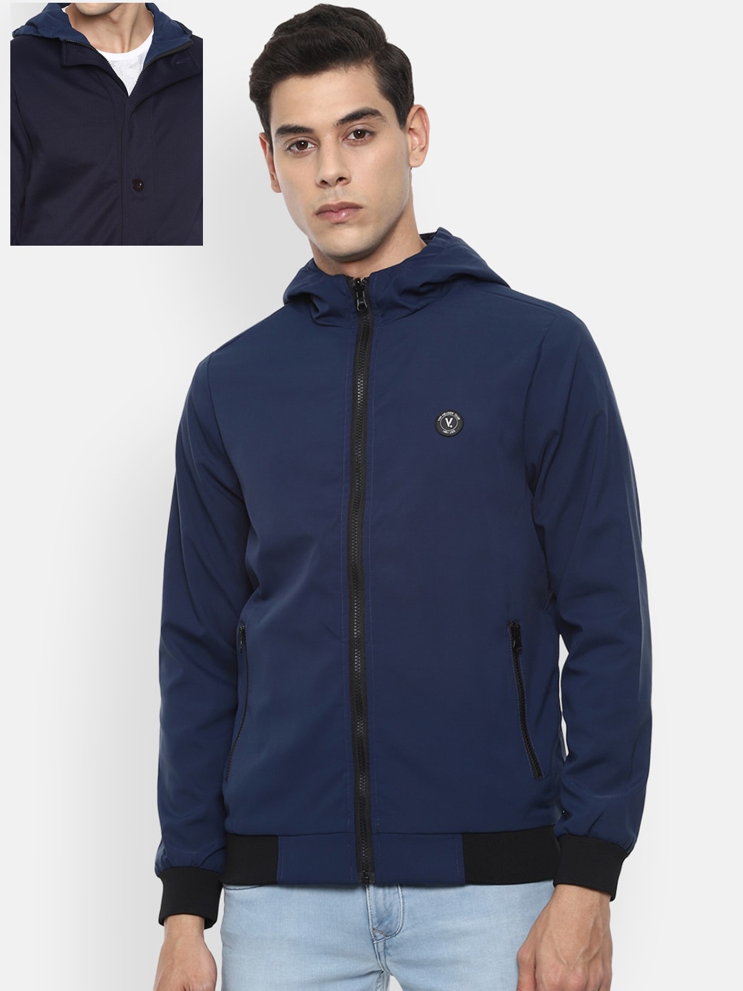 

V Dot Men Navy Blue Reversible Hooded Bomber Jacket