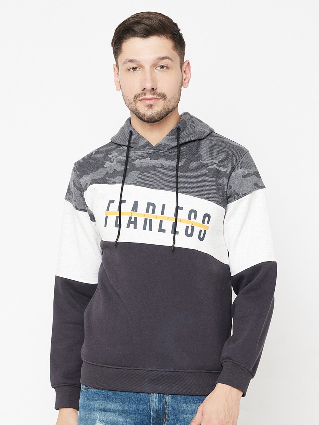 

Octave Men Grey Colourblocked Hooded Sweatshirt