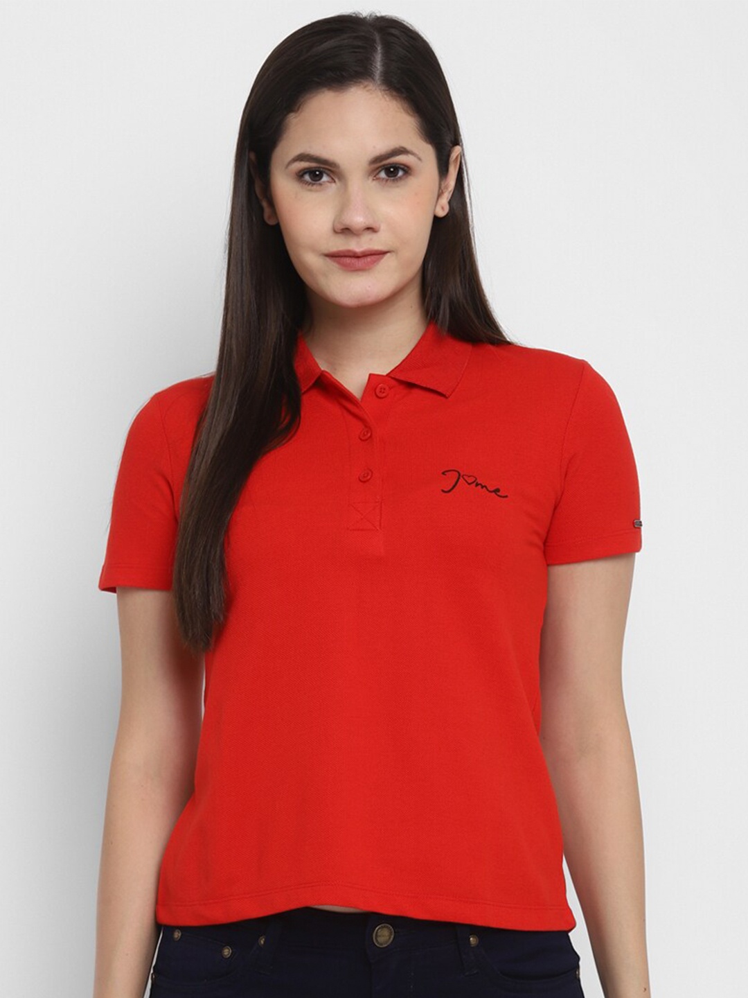 

LAMOURE BY RED CHIEF Women Red Polo Collar Cotton T-shirt