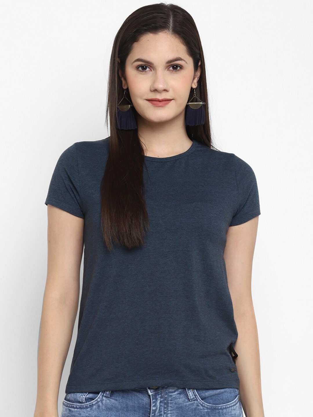 

LAMOURE BY RED CHIEF Women Navy Blue Colourblocked Extended Sleeves Pockets T-shirt