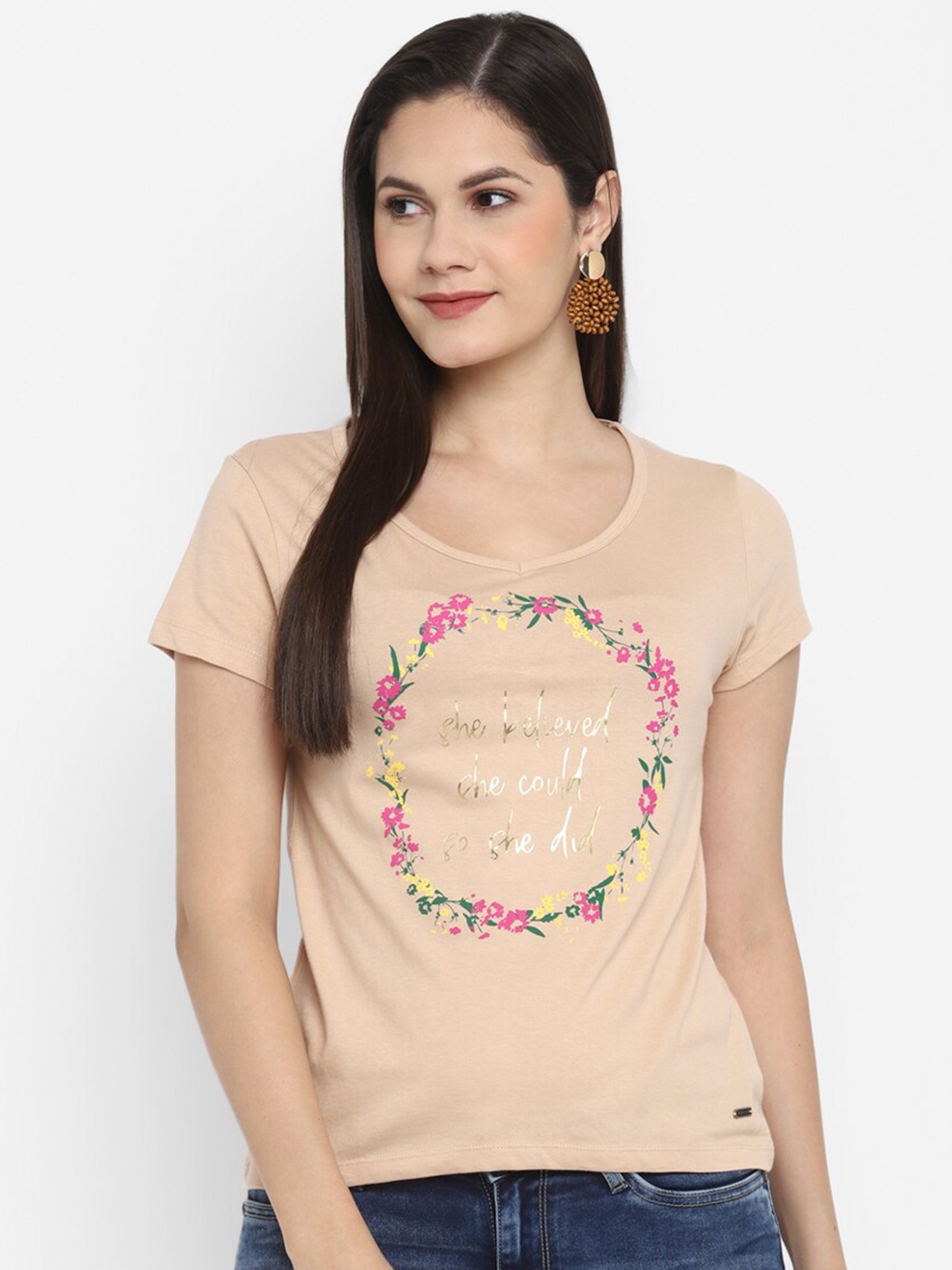 

LAMOURE BY RED CHIEF Women Nude-Coloured Typography Printed T-shirt