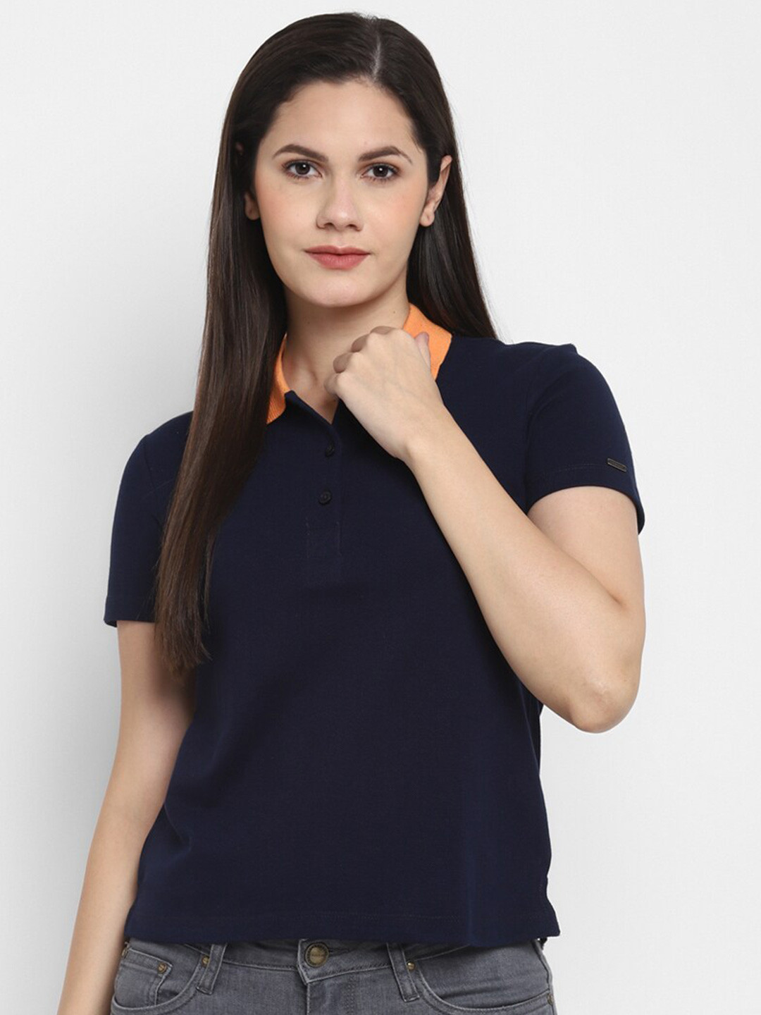 

LAMOURE BY RED CHIEF Women Navy Blue Polo Collar T-shirt