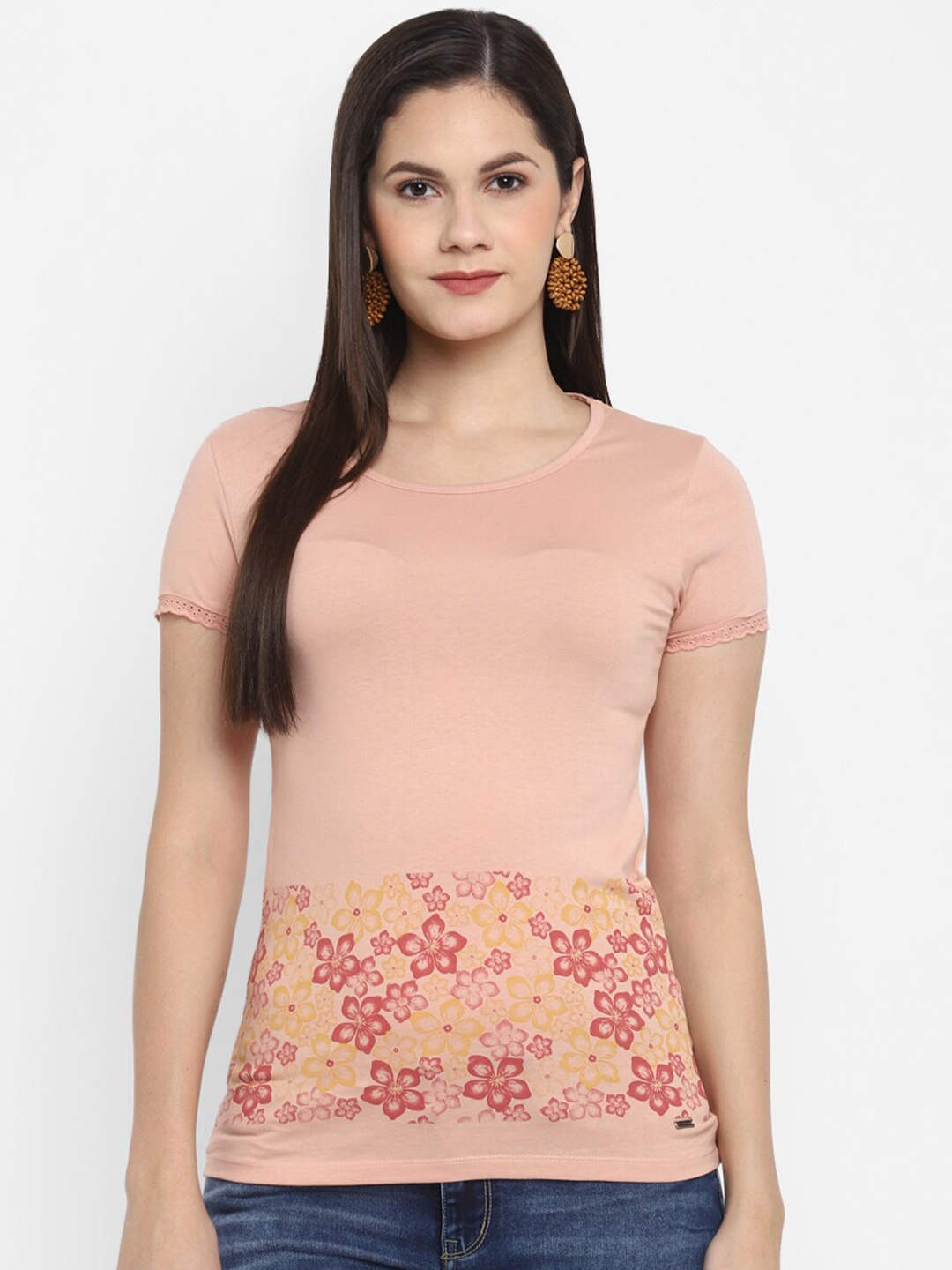 

LAMOURE BY RED CHIEF Women Pink & Yellow Floral Printed Cotton T-shirt