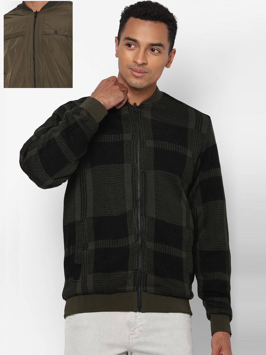 

Allen Solly Men Black & Green Checked Reversible Bomber Jacket