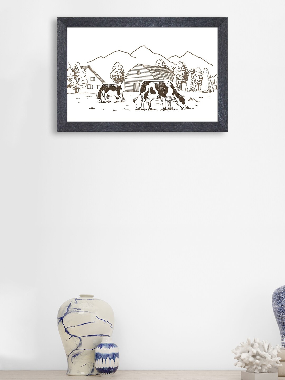 

RANDOM White & Black Cow Eating Painting Framed Wall Art