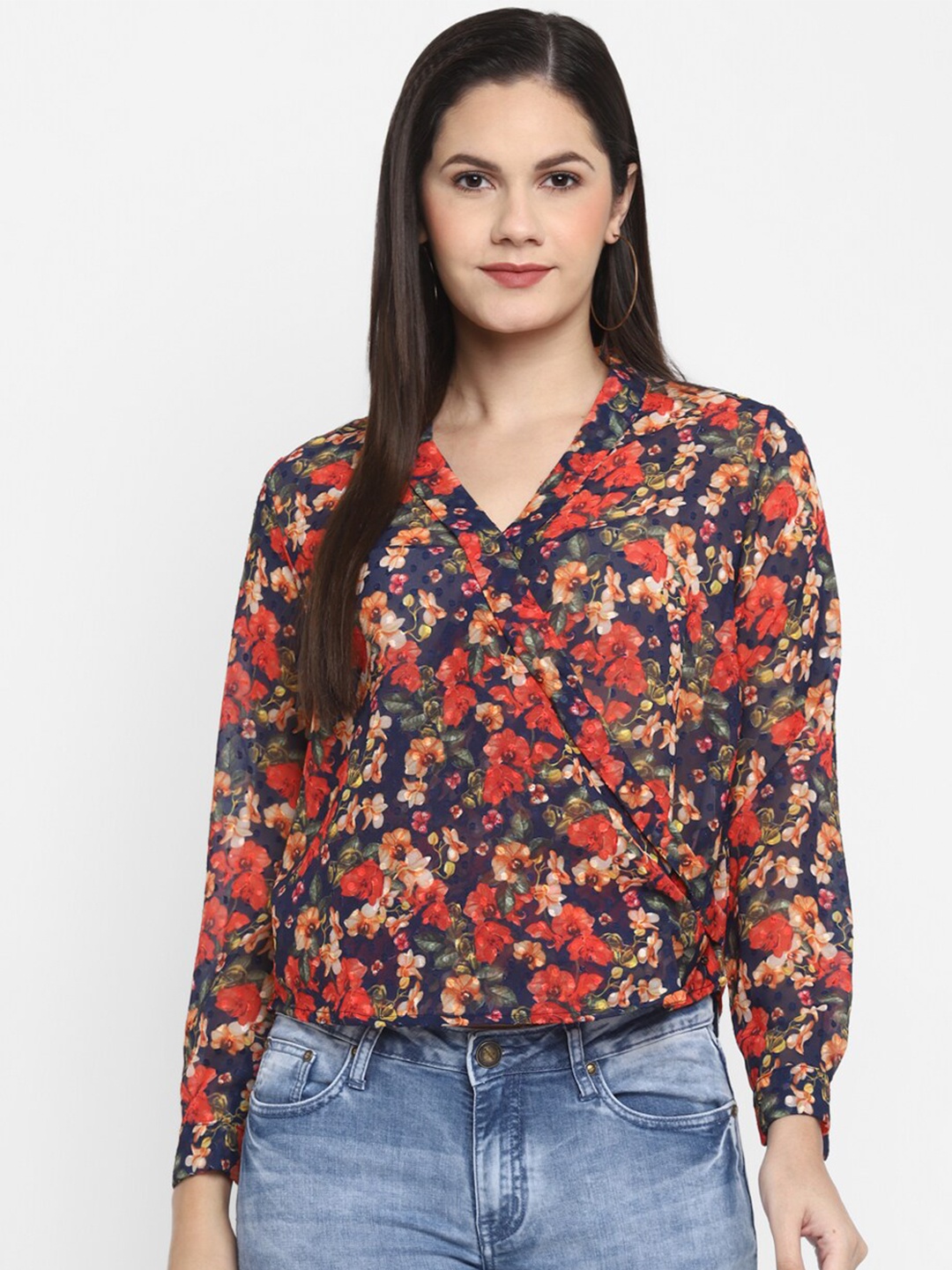 

LAMOURE BY RED CHIEF Navy Blue & Orange Floral Regular Top