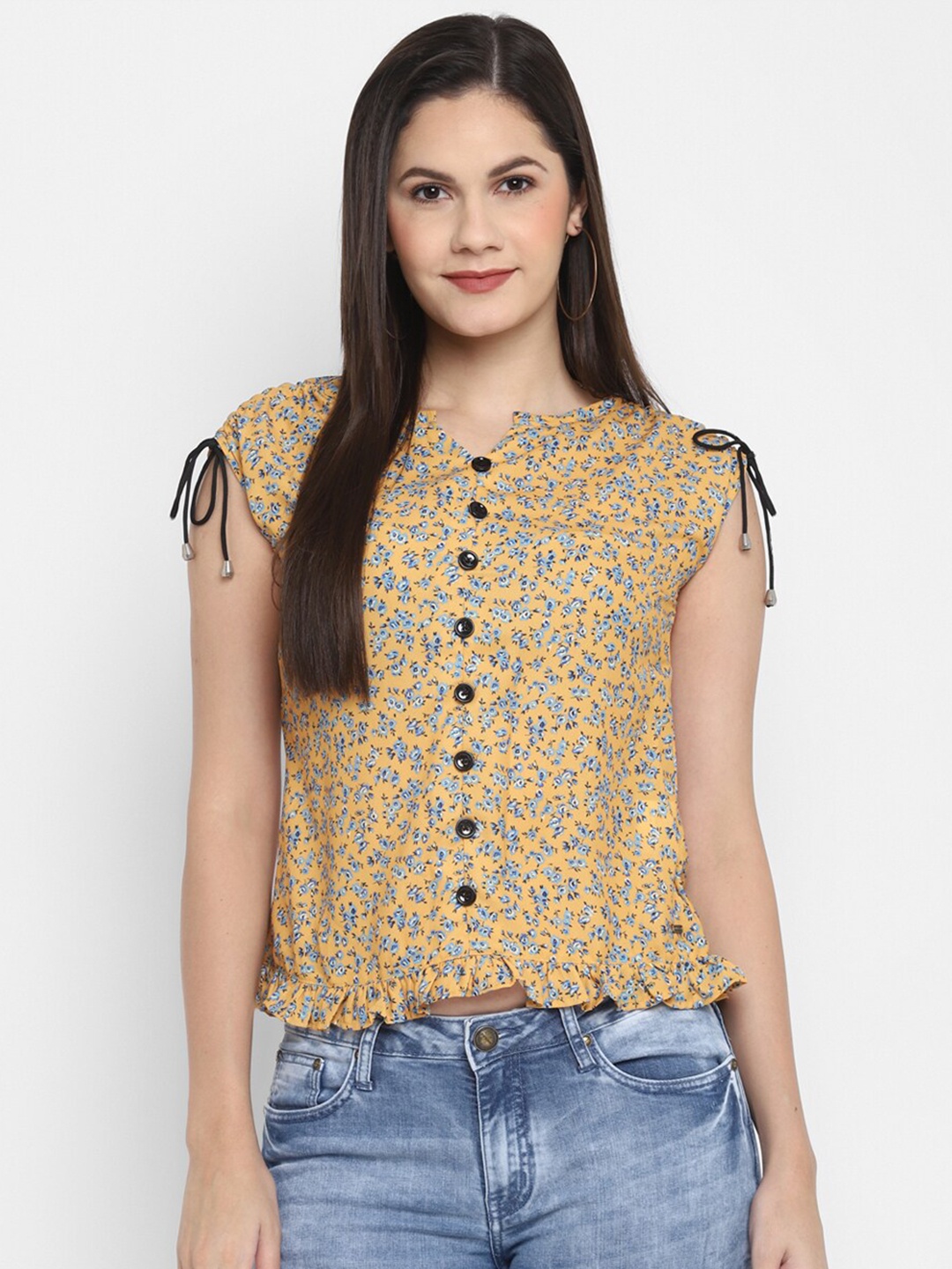 

LAMOURE BY RED CHIEF Mustard Yellow & Blue Floral Printed Mandarin Collar Shirt Style Top