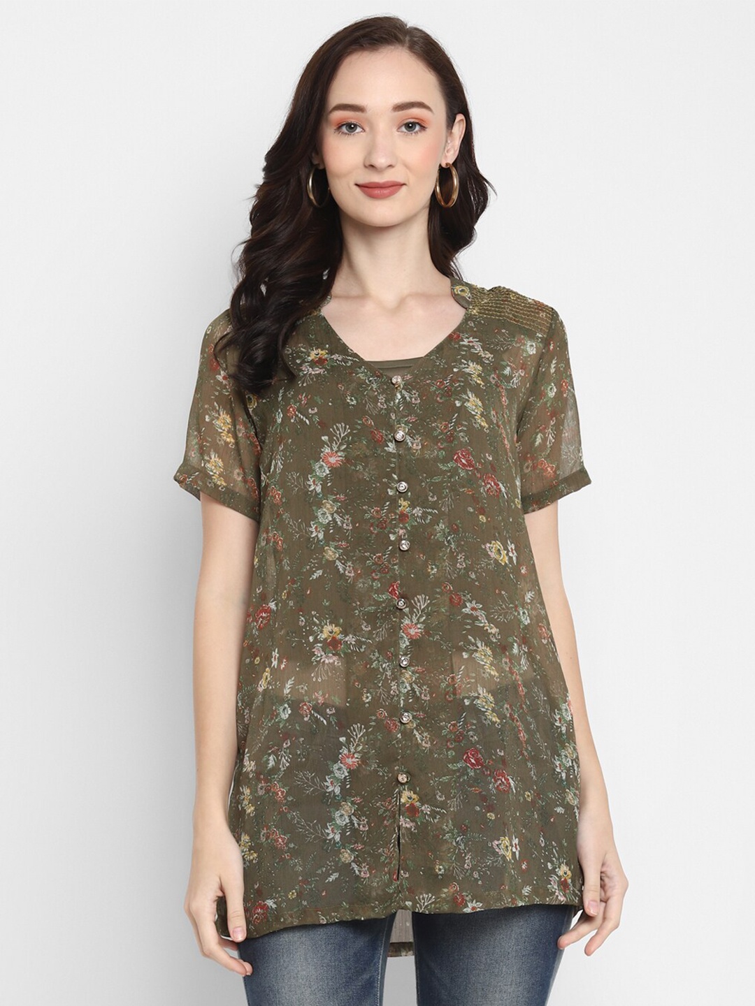 

LAMOURE BY RED CHIEF Olive Green Floral Regular Top