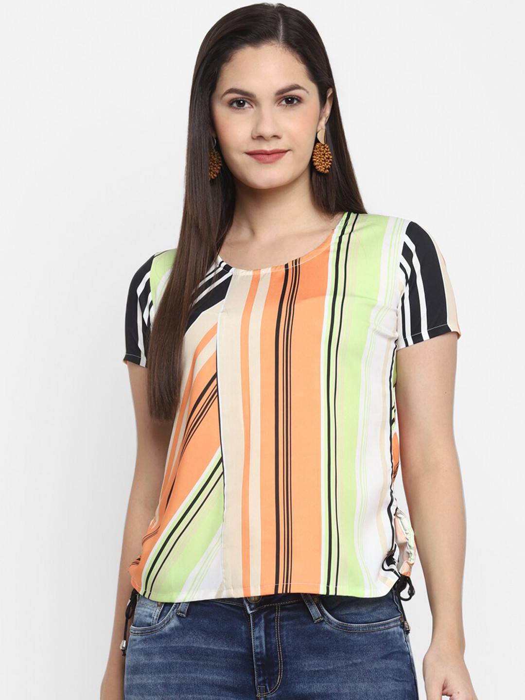 

LAMOURE BY RED CHIEF Peach-Coloured & Green Striped Regular Top
