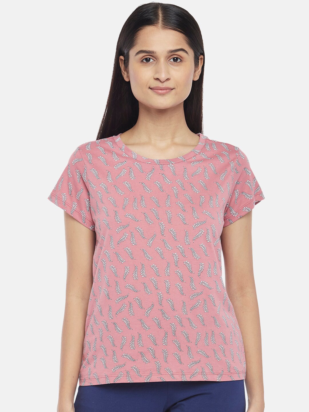 

Dreamz by Pantaloons Women Pink & White Floral Printed Cotton Lounge T-shirt