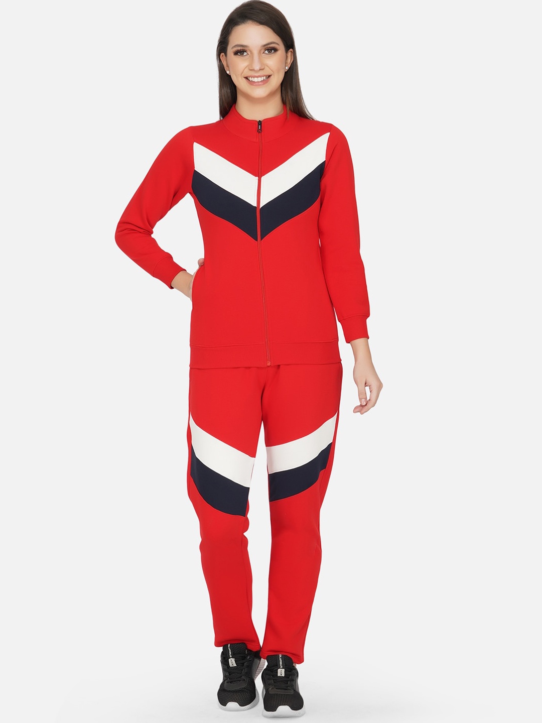

FABNEST Women Red & White Colourblocked Solid Track Suit