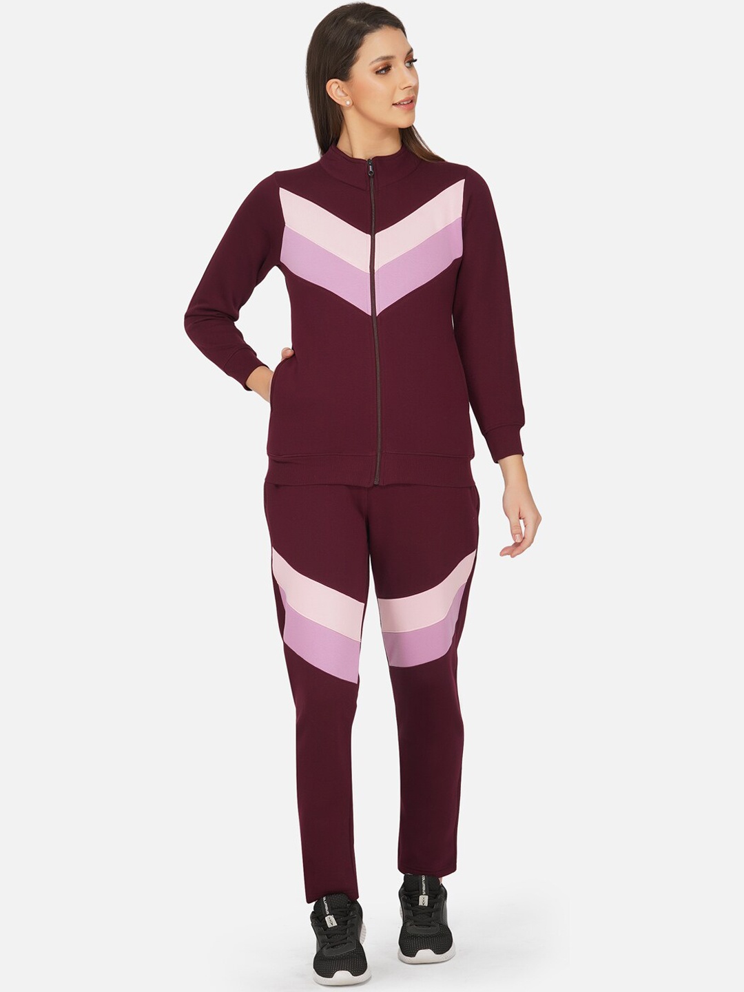 

FABNEST Women Burgundy & Pink Solid Track Suit