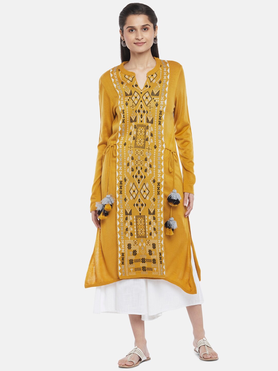 

RANGMANCH BY PANTALOONS Women Mustard Yellow & Black Printed Pure Acrylic Kurta