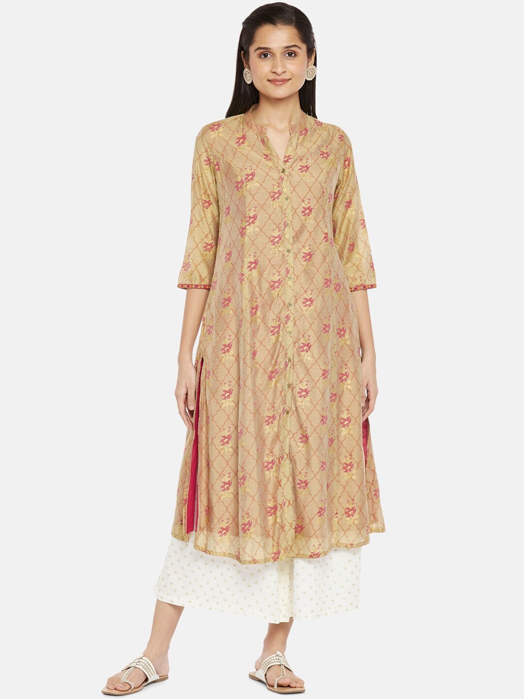 

RANGMANCH BY PANTALOONS Women Gold-Coloured & Pink Floral Printed Anarkali Kurta