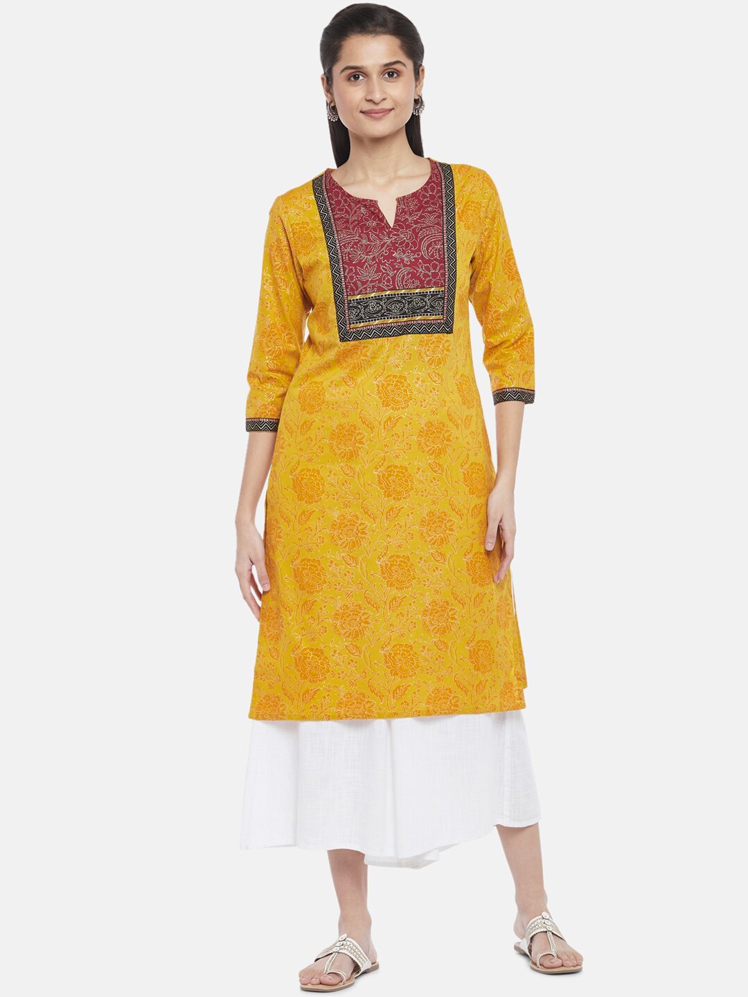 

RANGMANCH BY PANTALOONS Women Ethnic Motifs Embroidered Keyhole Neck Thread Work Kurta, Mustard