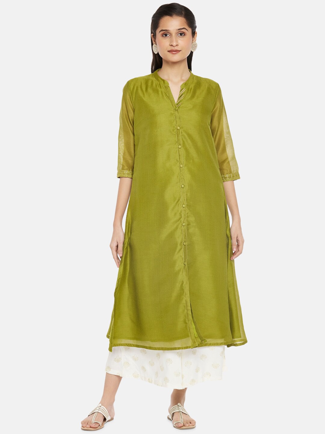 

RANGMANCH BY PANTALOONS Women Olive Green Checked Kurta