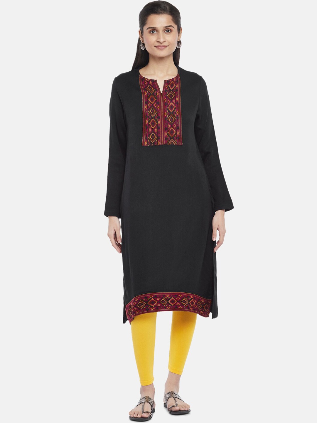 

RANGMANCH BY PANTALOONS Women Black & Brown Ethnic Motifs Yoke Design Pure Acrylic Kurta