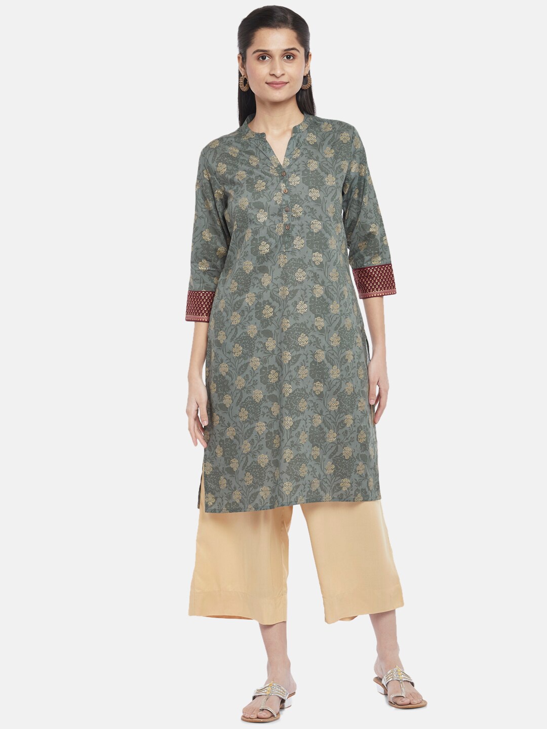 

RANGMANCH BY PANTALOONS Women Green Ethnic Motifs Pure Cotton Printed Kurta