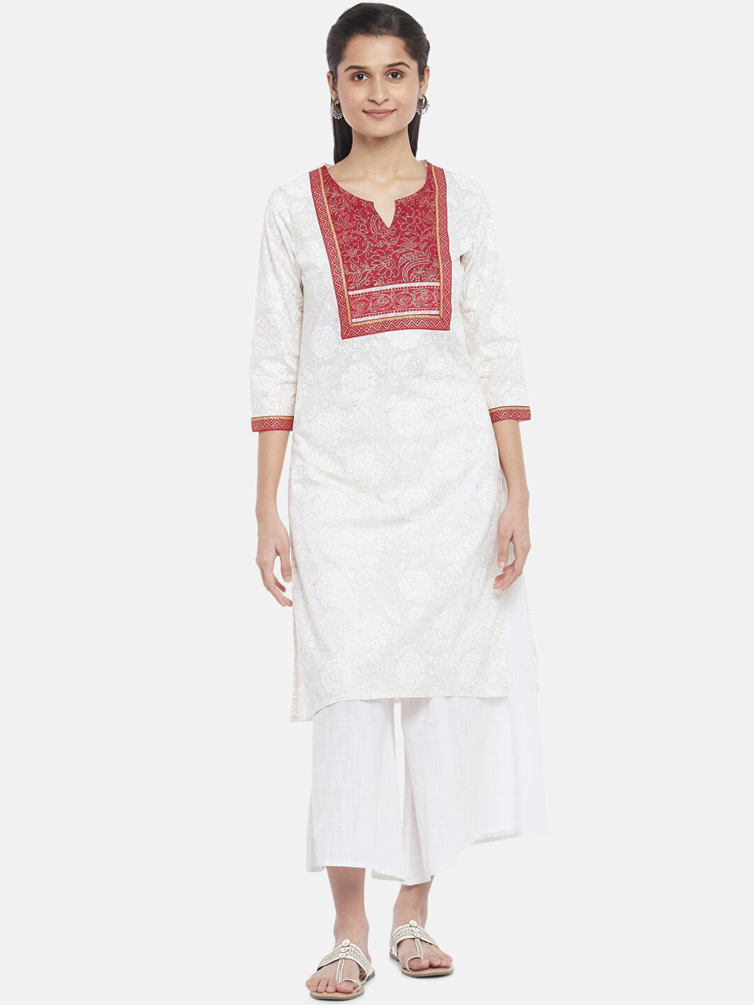 

RANGMANCH BY PANTALOONS Women Off White Floral Printed Cotton Kurta