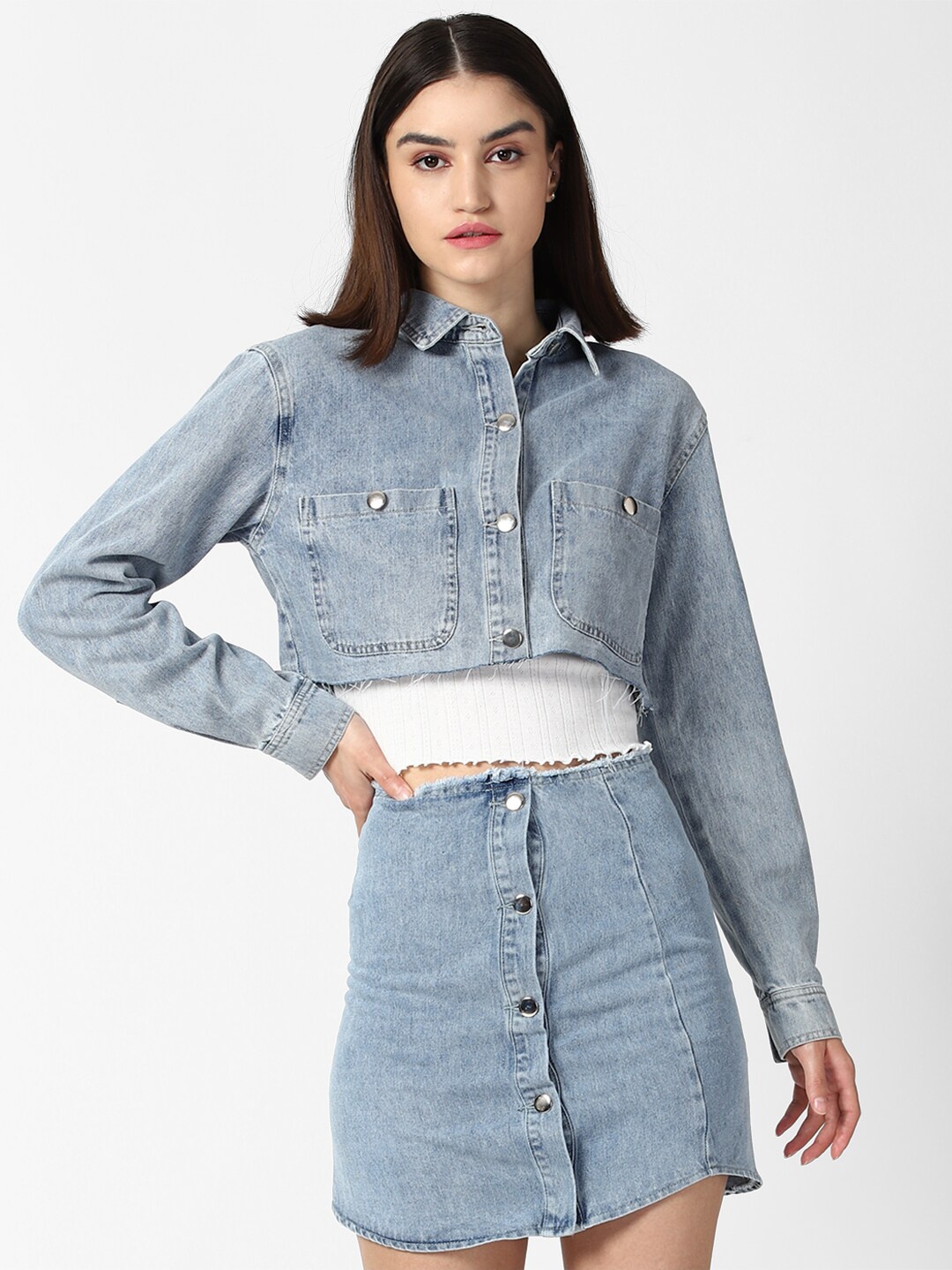 

FOREVER 21 Women Blue Shirt with Skirt