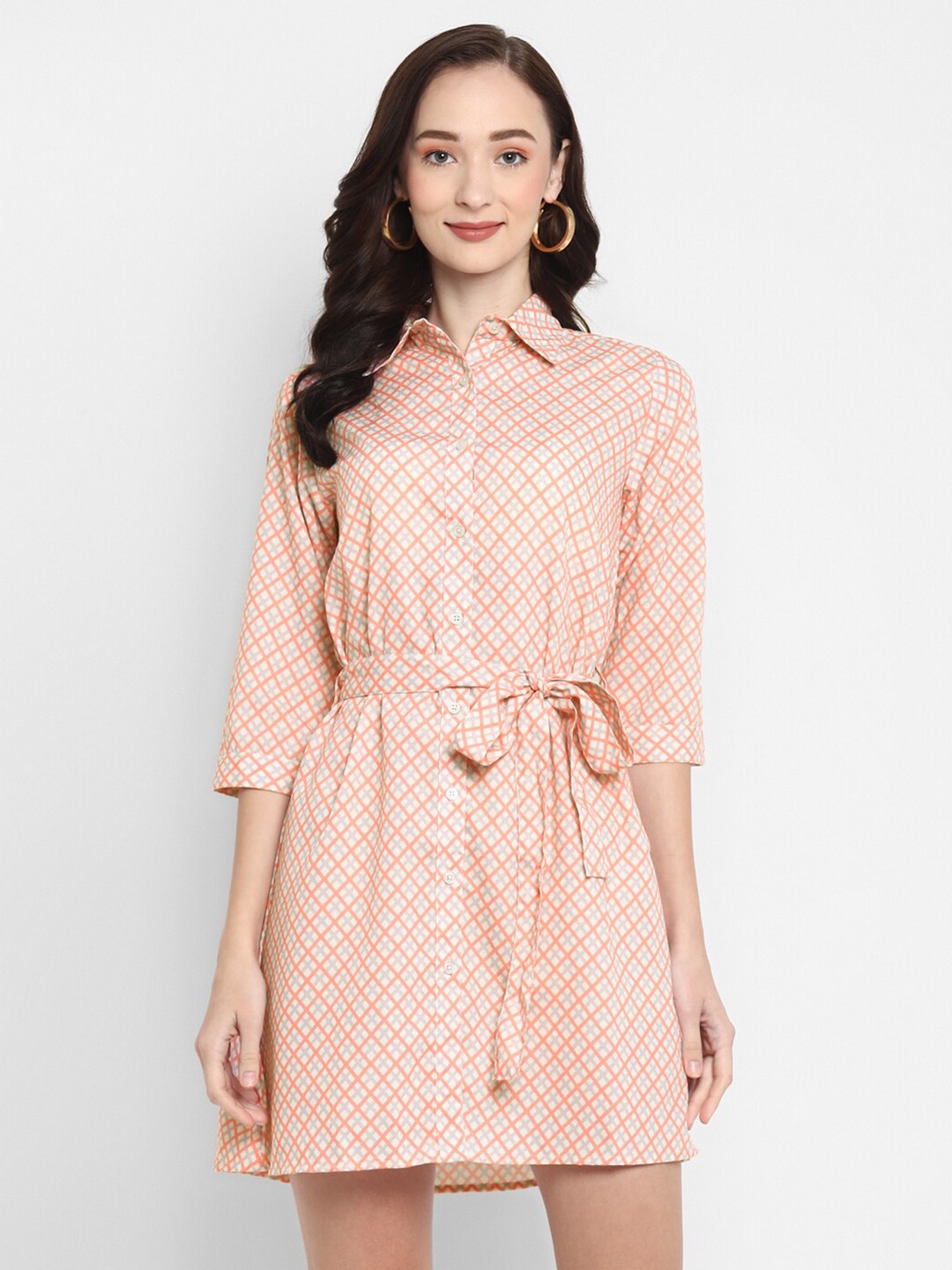 

LAMOURE BY RED CHIEF Orange & Cream-Coloured Geometric Printed Shirt Dress