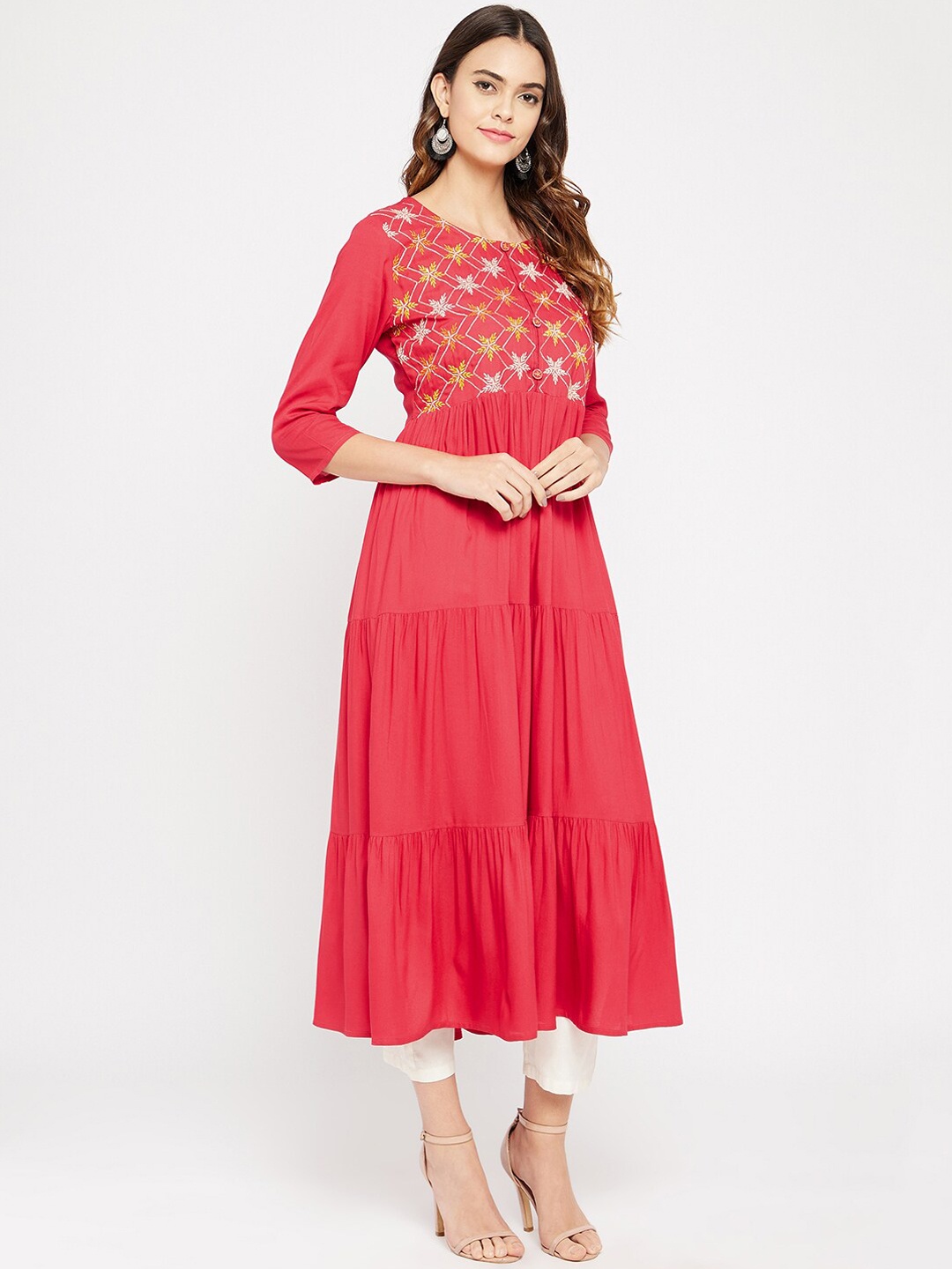 

Prakhya Women Red Floral Embroidered Tiered A-Line Kurta
