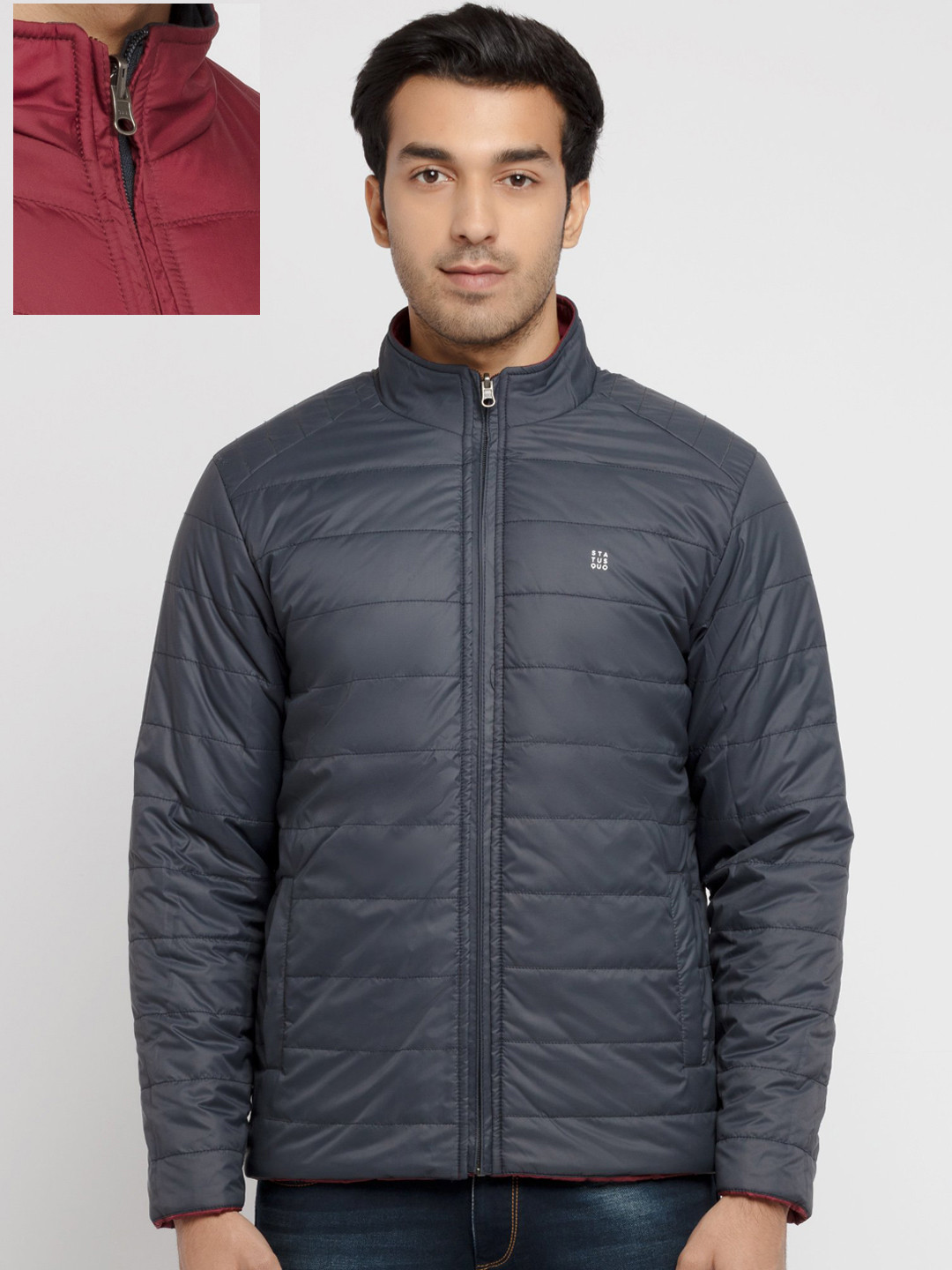 

Status Quo Men Navy Blue & Maroon Reversible Padded Jacket