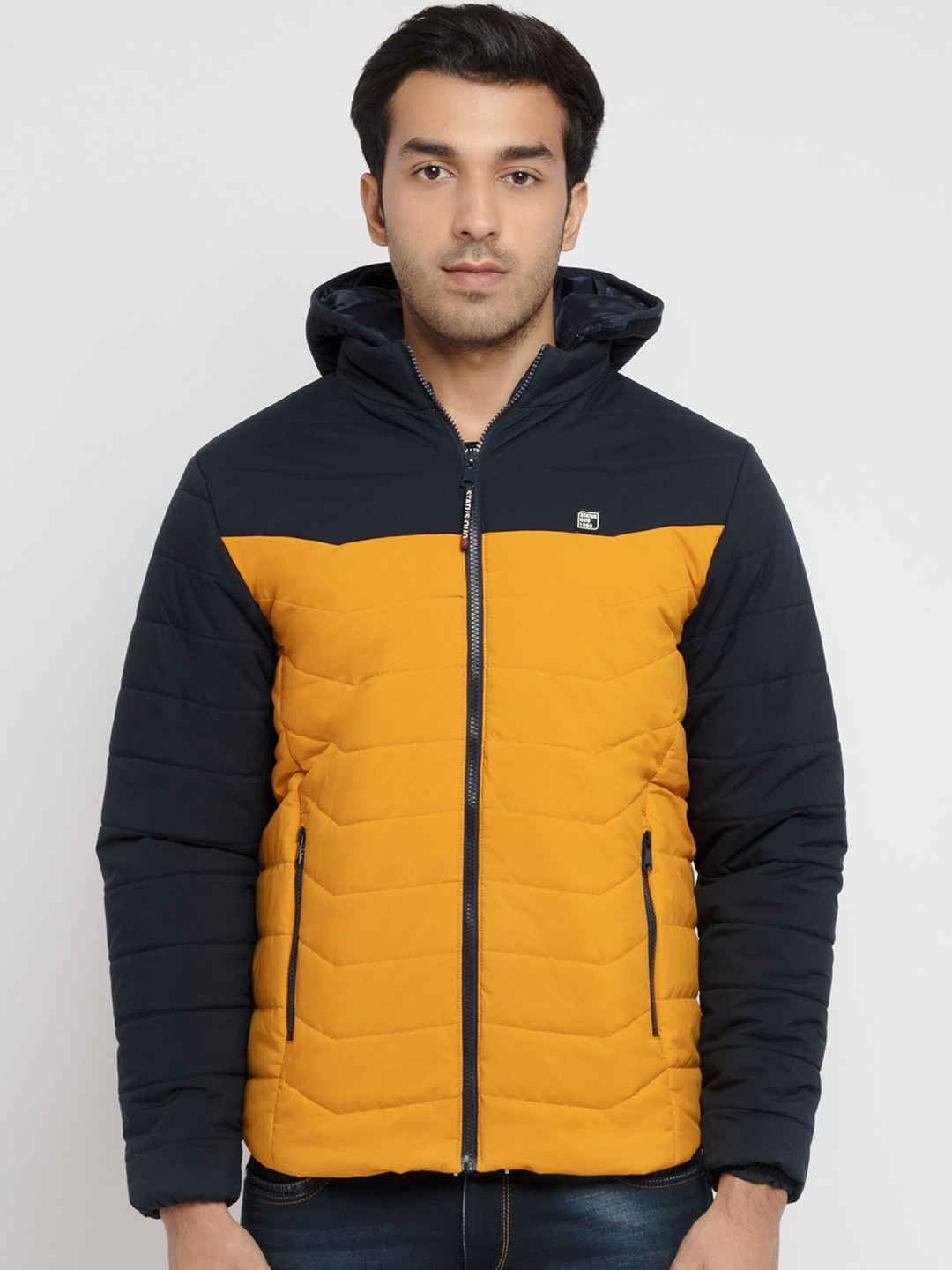 

Status Quo Men Mustard Yellow & Navy Blue Colourblocked Quilted Jacket