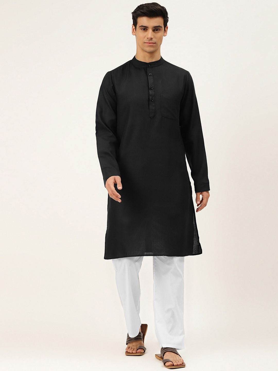 

Molly & Michel Men Black & White Regular Pure Cotton Kurta with Pyjamas