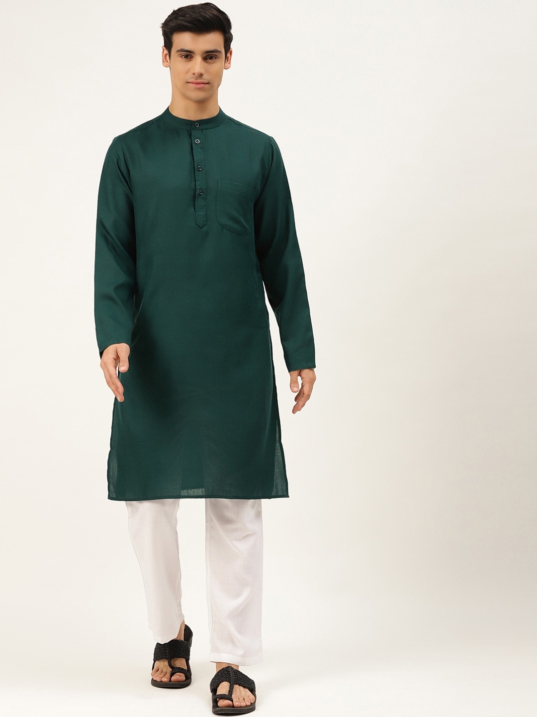 

Molly & Michel Men Green & White Striped Regular Pure Cotton Kurta with Pyjamas