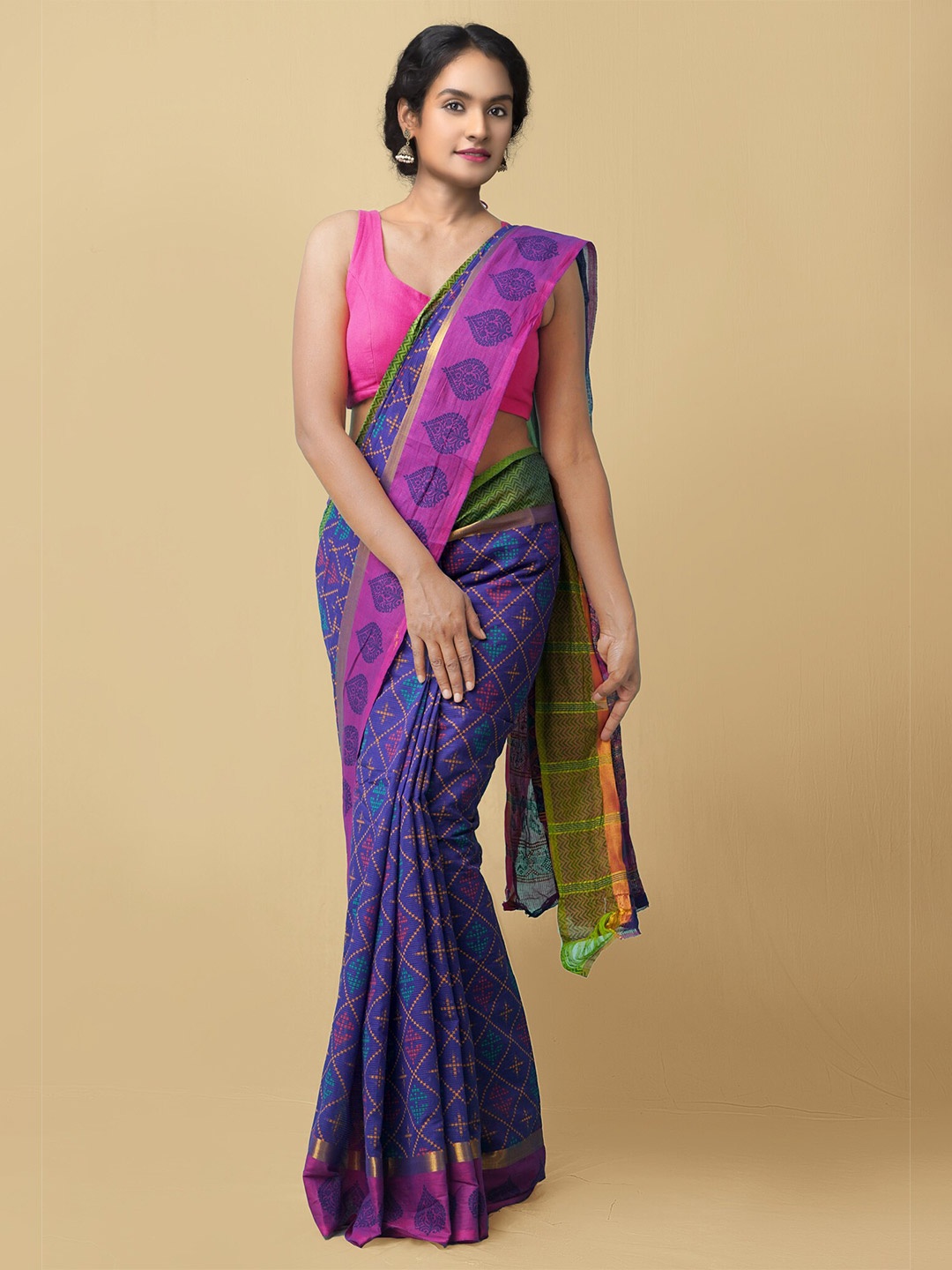 

Unnati Silks Violet & Purple Ethnic Motifs Zari Pure Cotton Block Print Saree