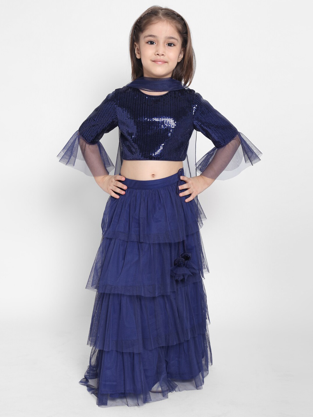 

Nauti Nati Girls Navy Blue Embellished Sequinned Ready to Wear Lehenga & Blouse With Dupatta