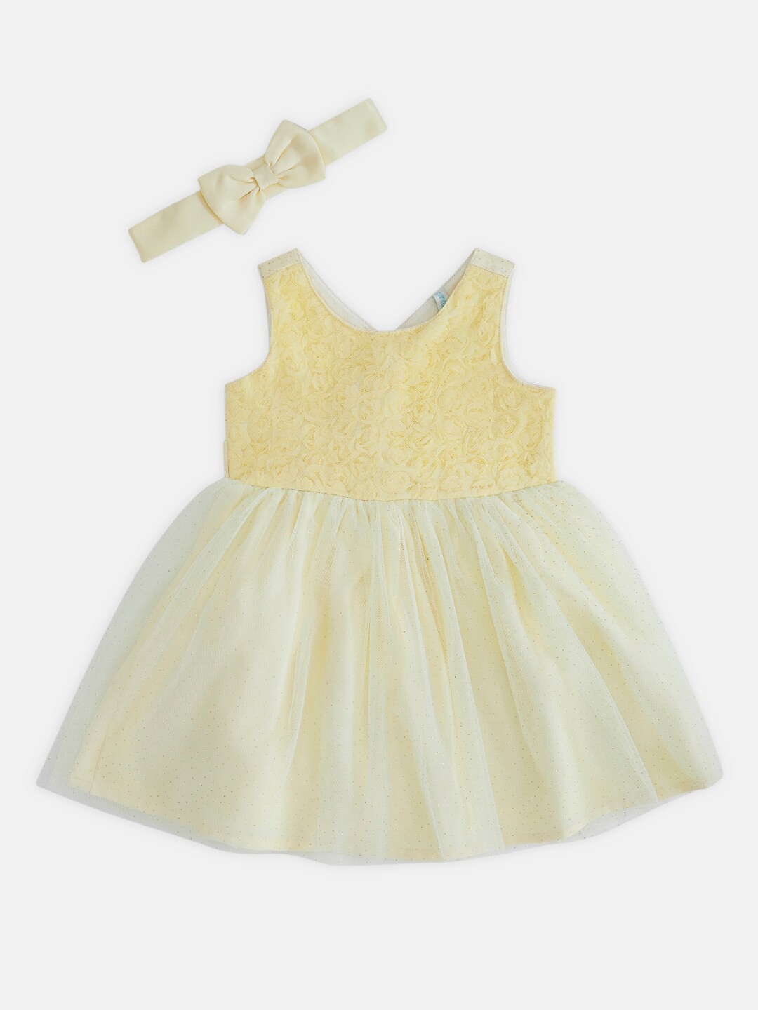 

Pantaloons Baby Yellow & White Floral Self Design Fit & Flared Dress With Bow Headband