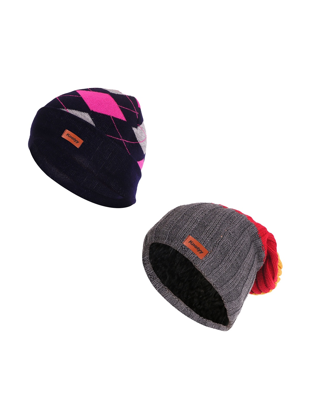 

Knotyy Unisex Pack Of 2 Self Design Acrylic Beanies, Grey