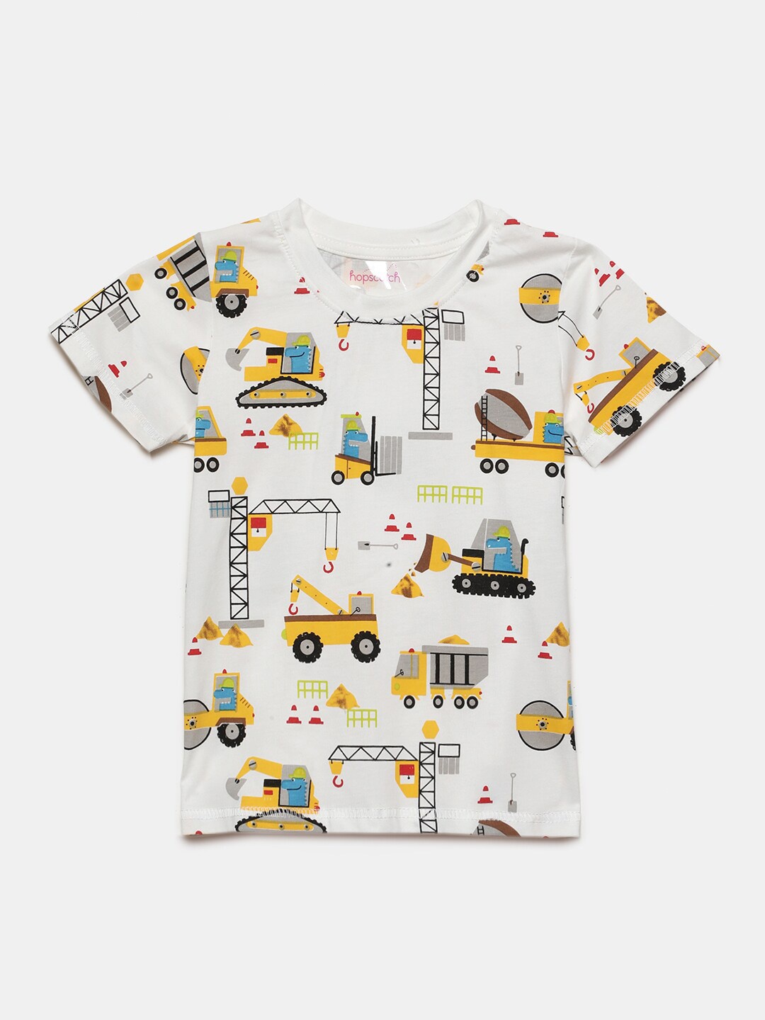 

Hopscotch Boys Off White & Yellow Printed Cotton T-shirt