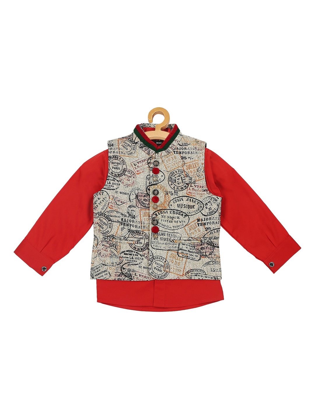 

Actuel Boys Beige & Red Nehru Pure Cotton Jacket With Shirt
