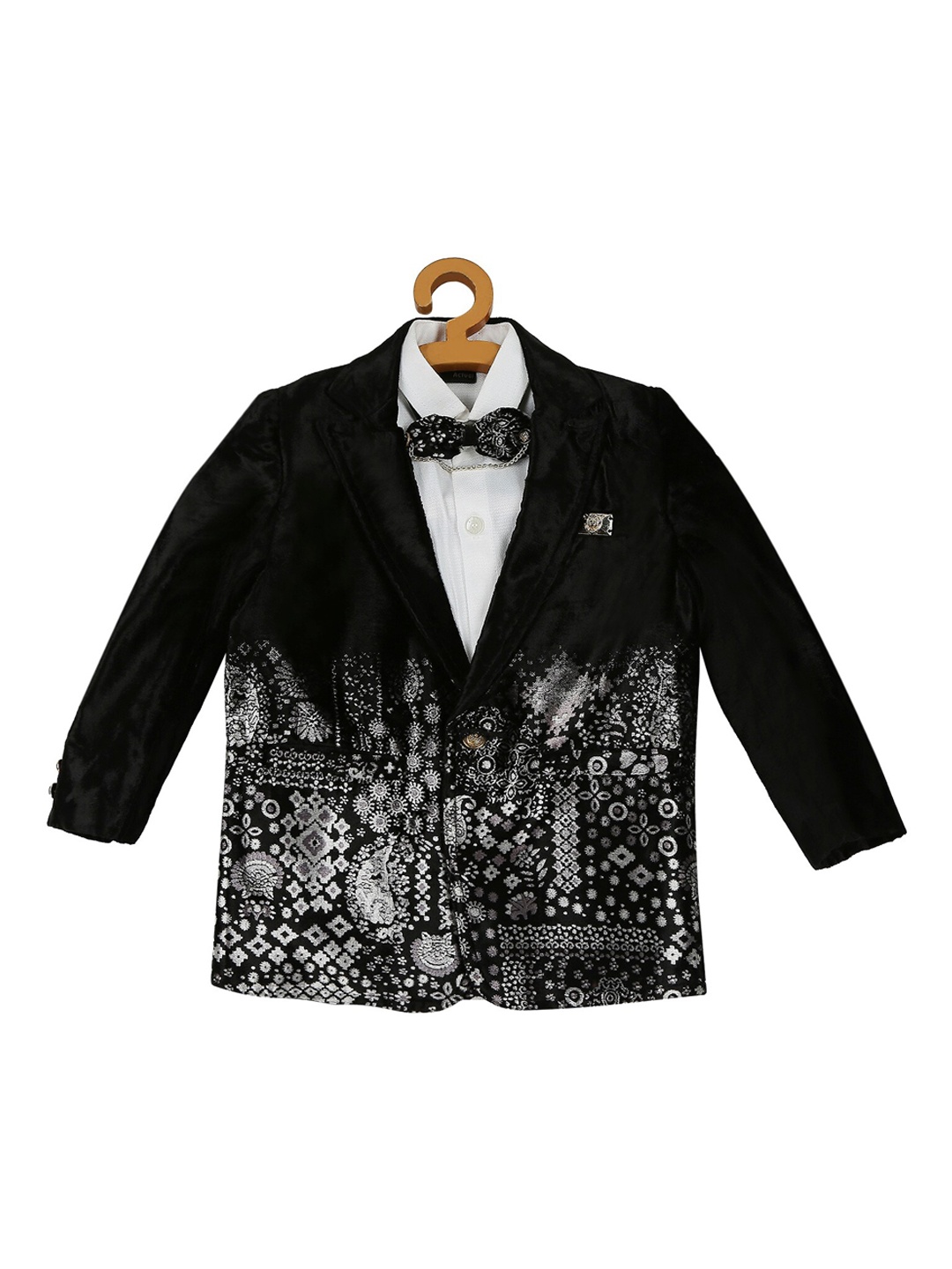 

Actuel Boys Black & White Printed Single Breasted Partywear Velvet Blazer with Shirt & Bow