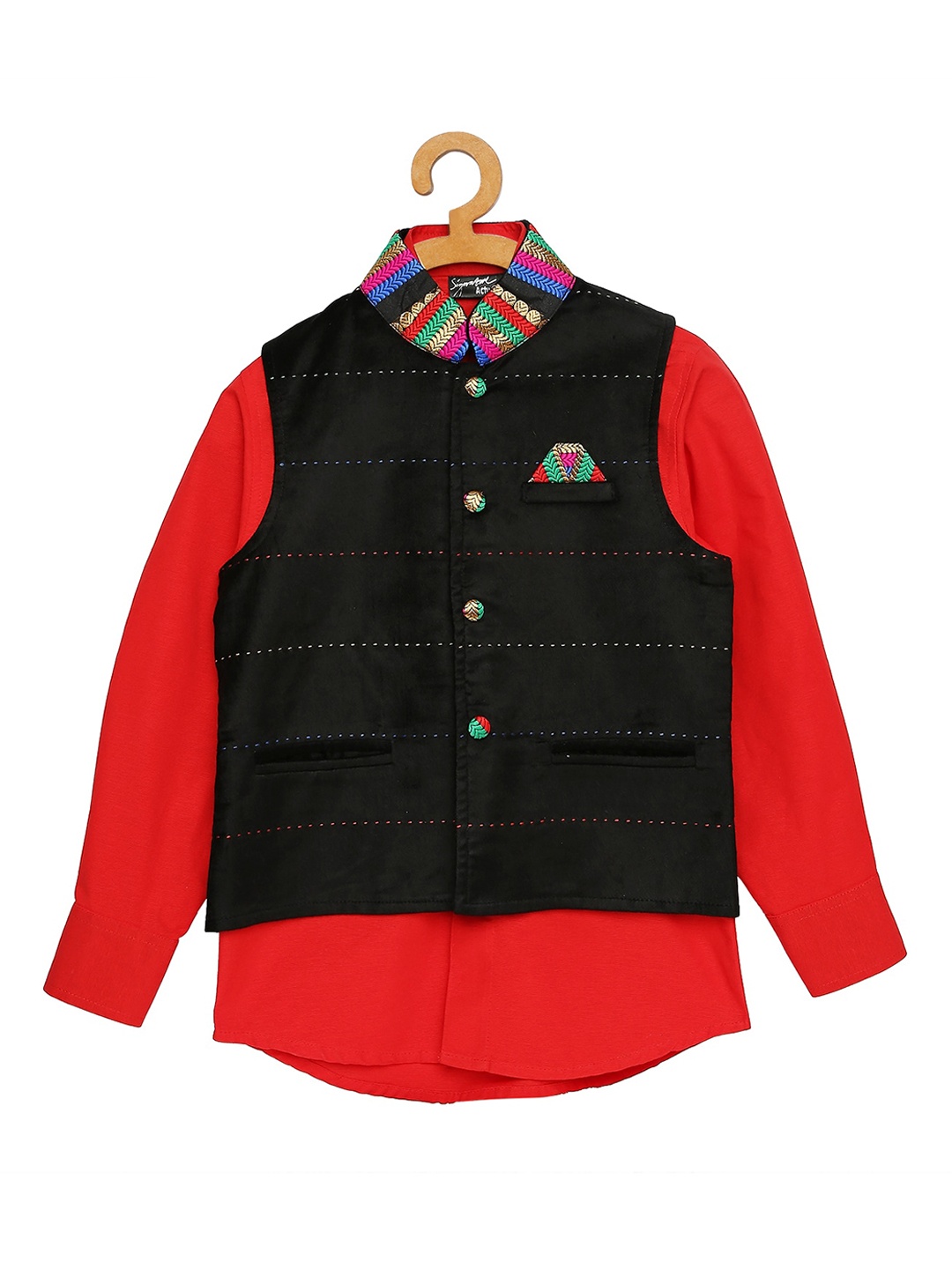 

Actuel Boys Black & Red Nehru Pure Cotton Jacket With Shirt