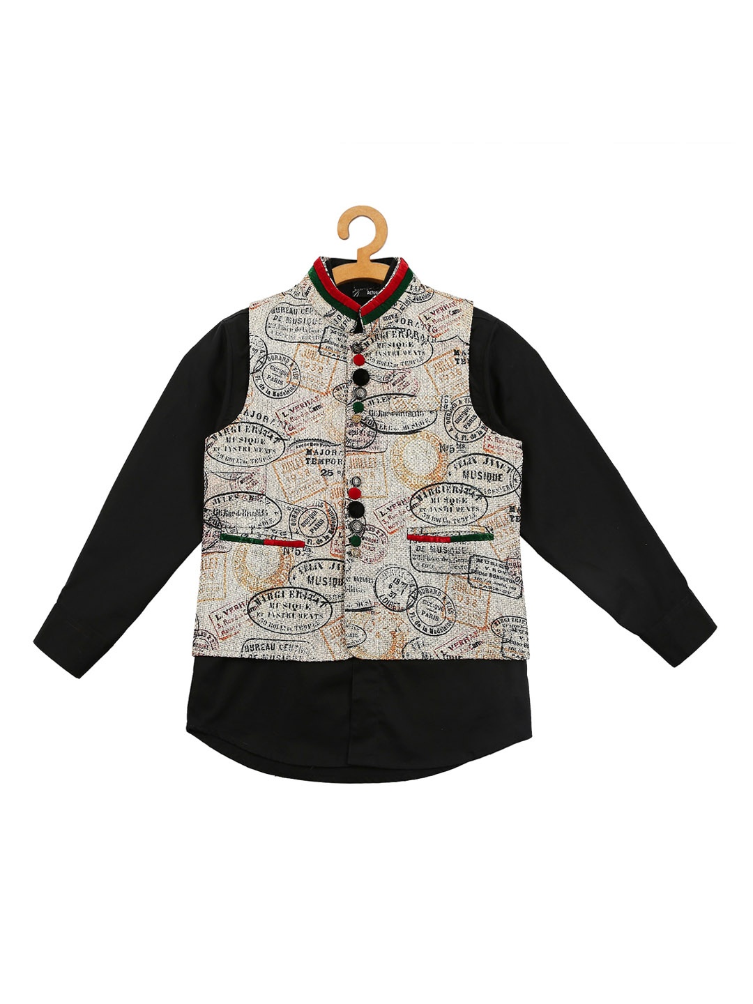 

Actuel Boys Beige & Black Printed Nehru Jacket with Shirt