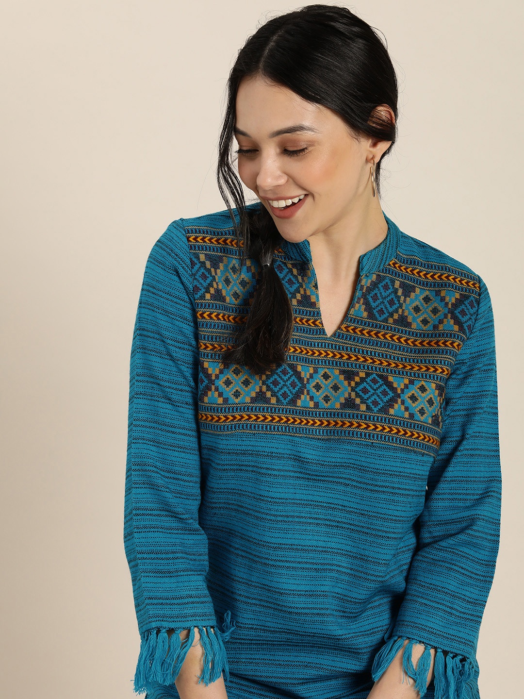 

Taavi Blue & Black Bhujodi Winterwear Mandarin Collar Sustainable Acrylic Top with Tassels