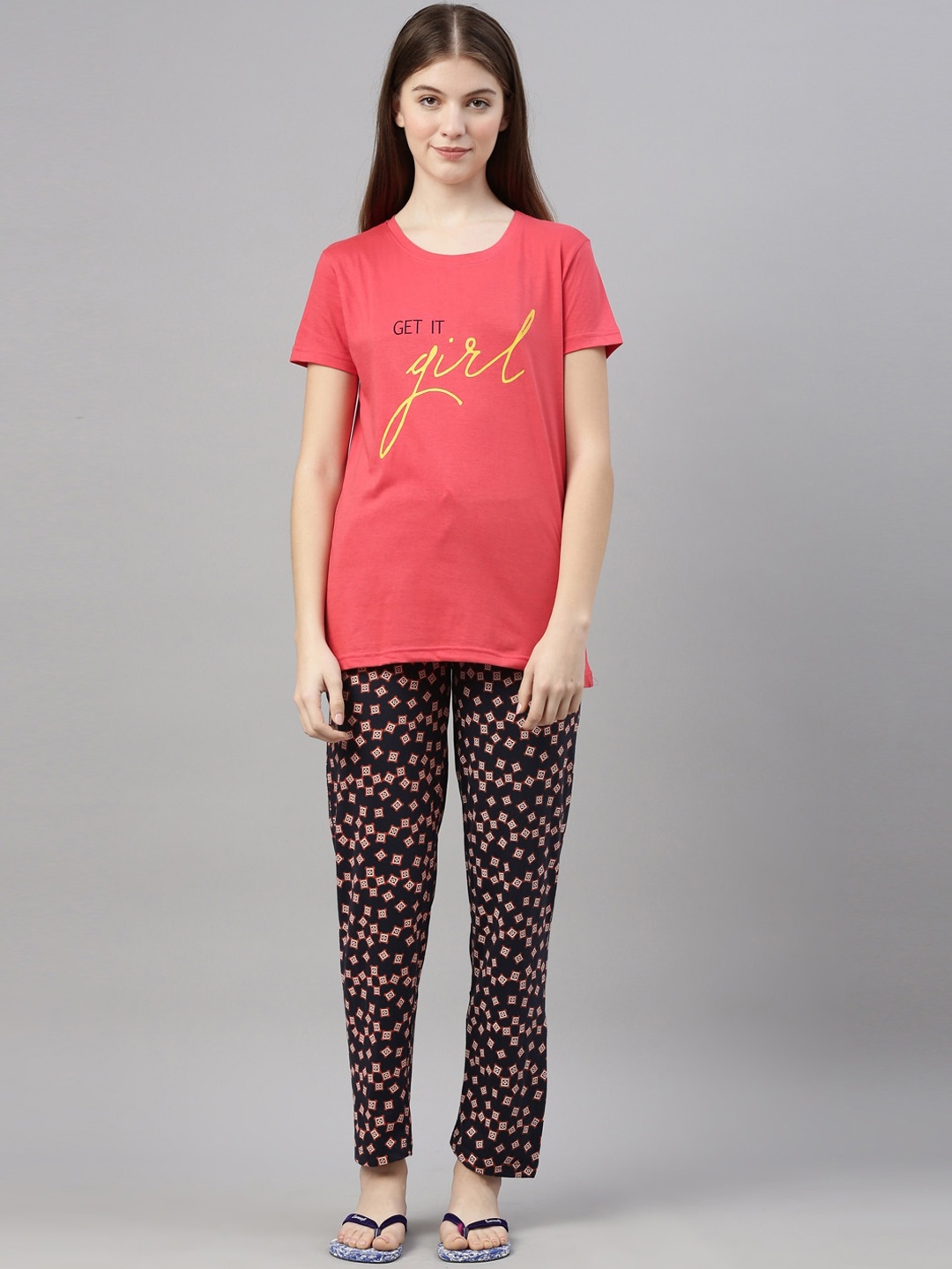

Kryptic Women Pink & Black Printed Pure Cotton Night suit