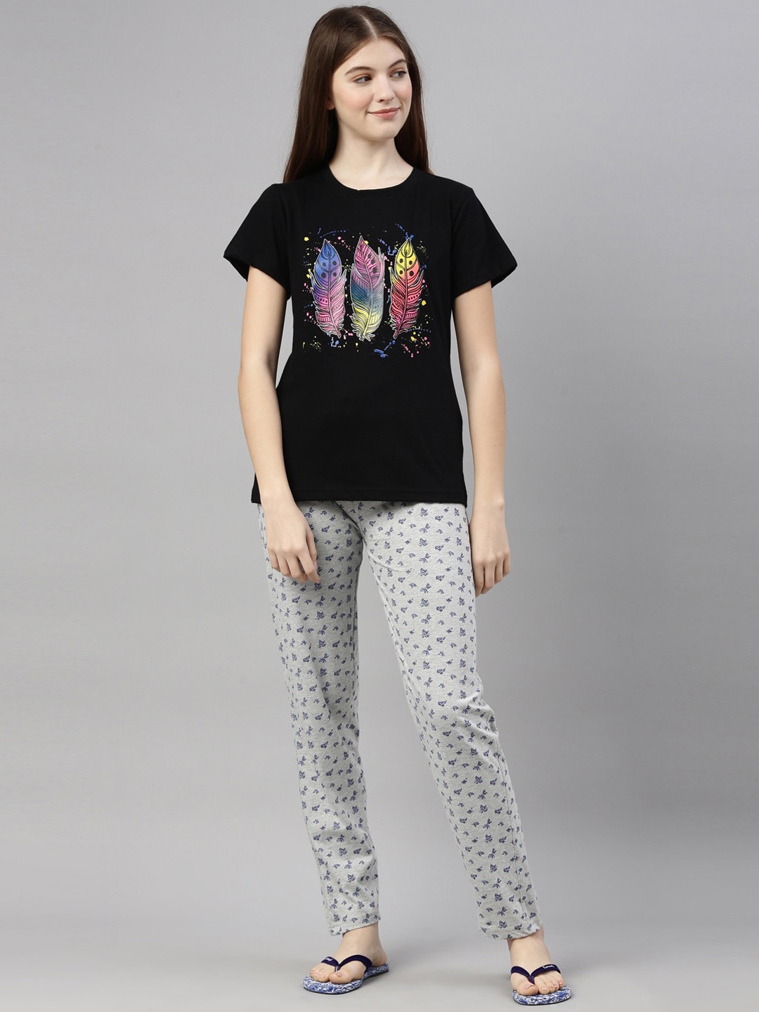 

Kryptic Women Black & Grey Melange Printed Pure Cotton Night suit