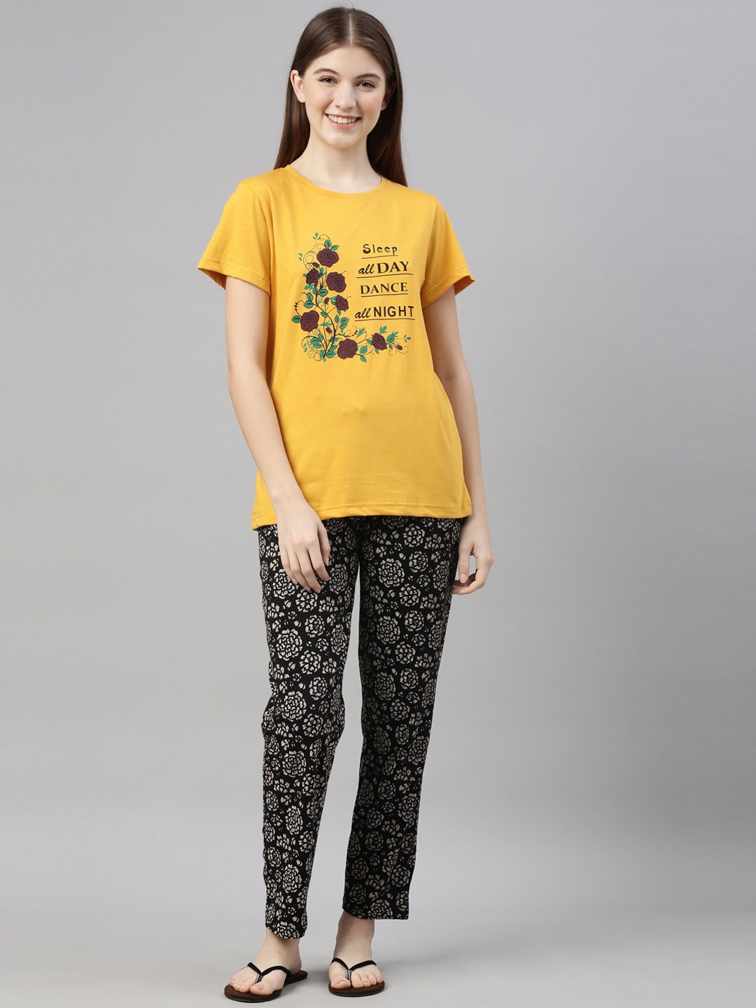 

Kryptic Women Mustard & Black Printed Pure Cotton Night suit