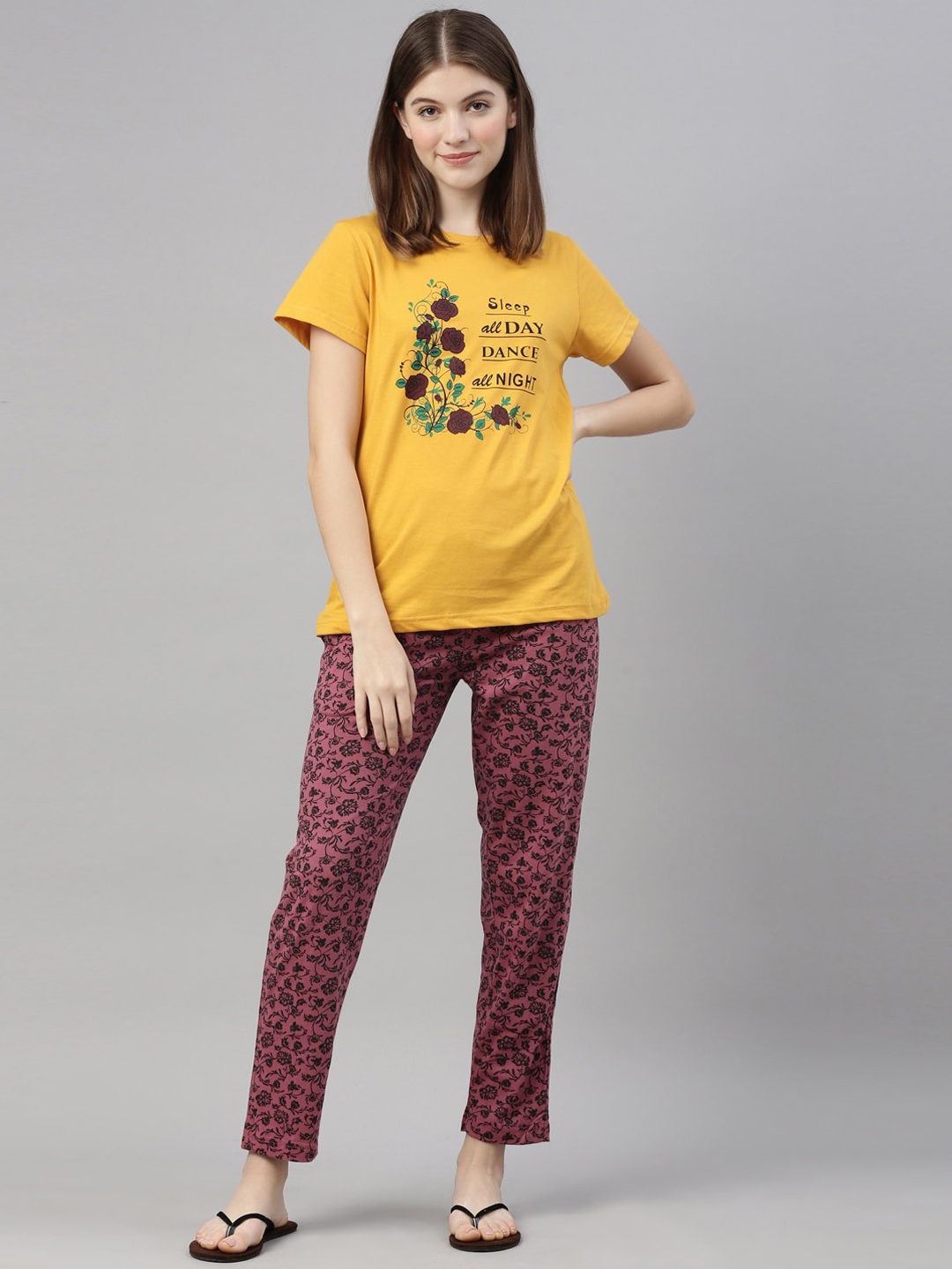 

Kryptic Women Mustard & Pink Cotton Printed Night suit