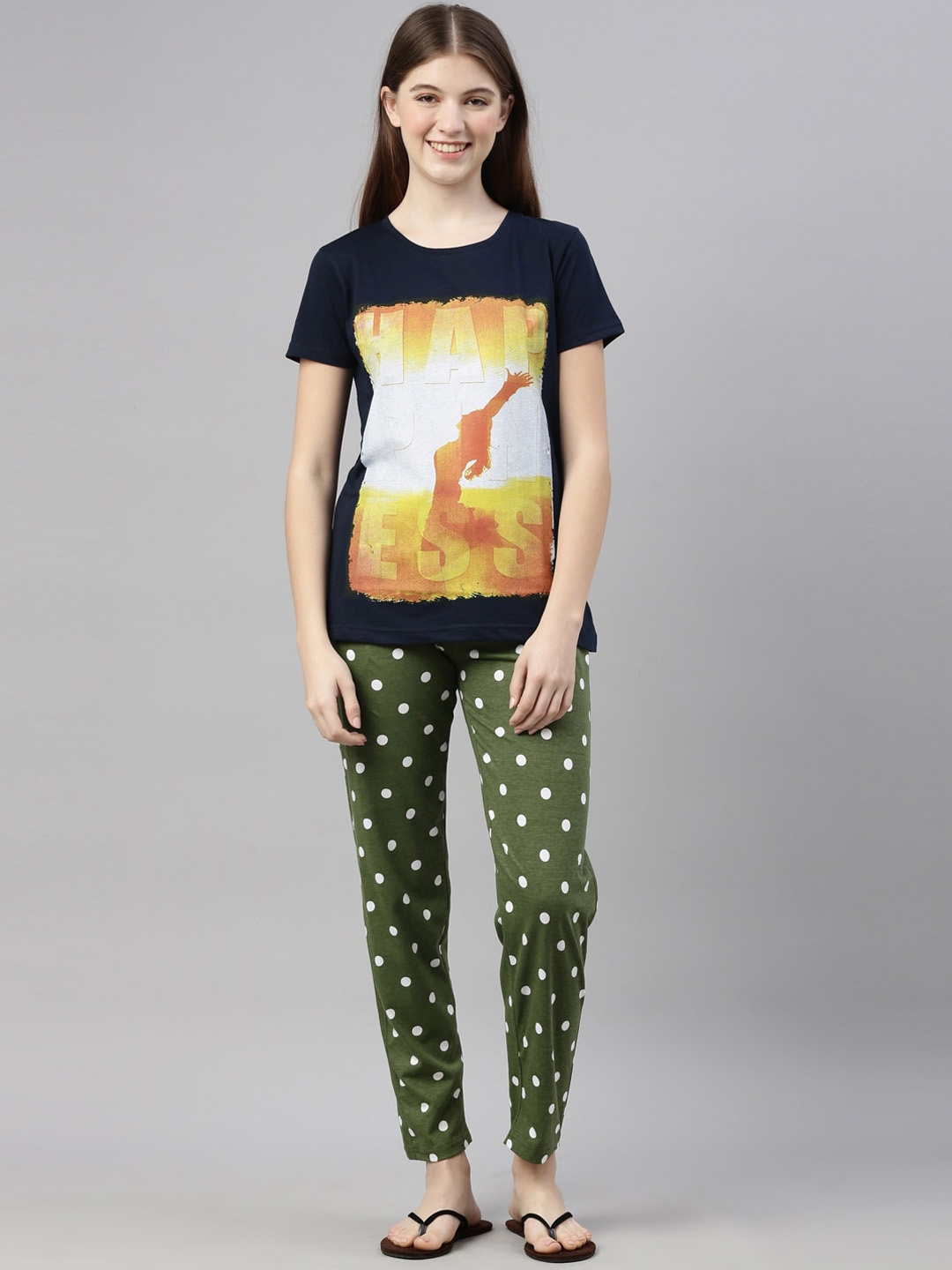 

Kryptic Women Navy Blue & Green Printed Pure Cotton 2 Pc Night Suit