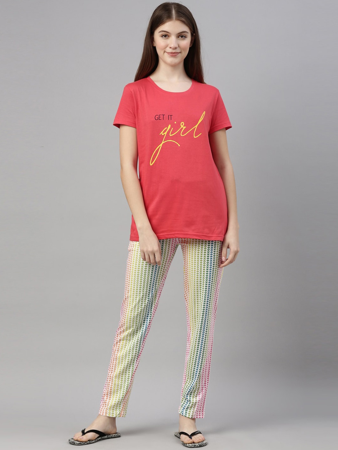 

Kryptic Women Pink & White Printed Pure Cotton Night suit