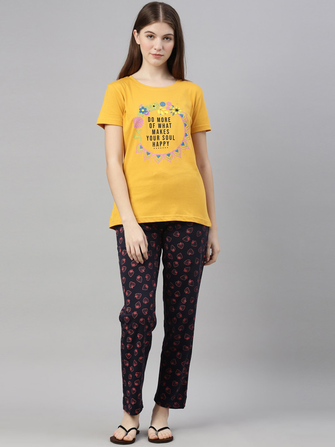

Kryptic Women Mustard & Black Typography Printed Pure Cotton Night Suit