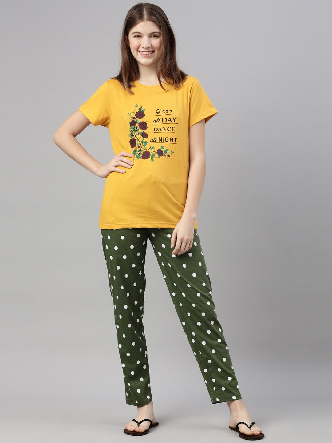 

Kryptic Women Mustard & Green Printed Pure Cotton Night suit