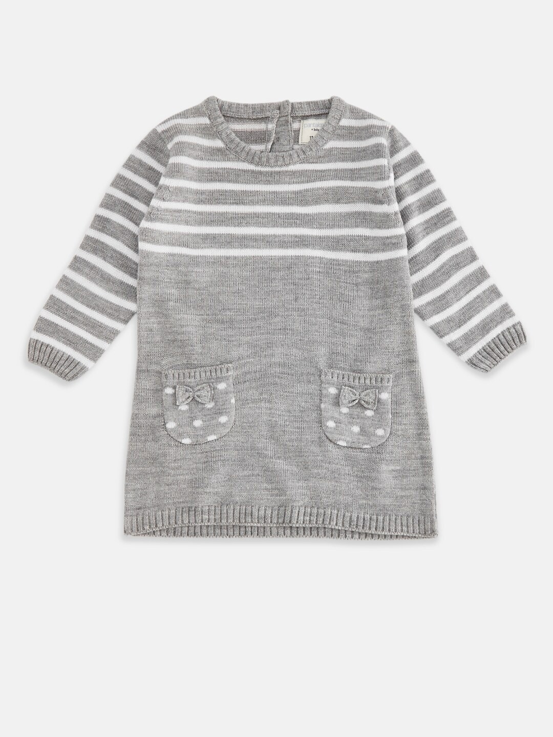 

Pantaloons Baby Girls Grey Melange & White Striped Acrylic Longline Pullover